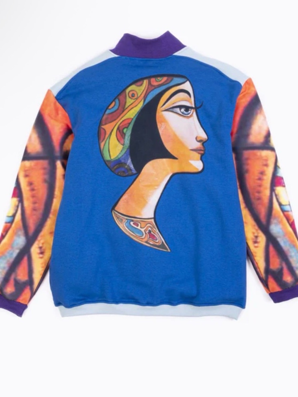 Sacer Blue Pullover with Colorful Sleeve Art & Orange Pocket & Back Graphic